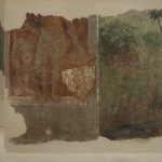 Sala della torre SW. Parete S, lacerto di affresco stemma di Ippolita degli Alberti; scena di paesaggio.