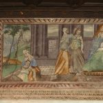 Sala delle Metamorfosi. Parete S, affresco Mirra soccorsa dalla nutrice, firma dell'artista Aragonius Aragonis.